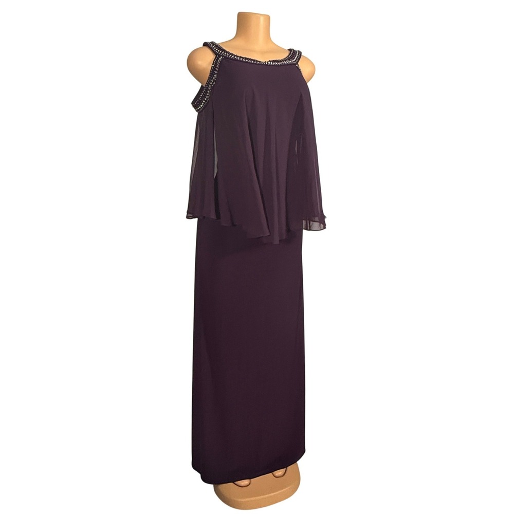 Alex Evenings Dress Womens 14 Eggplant New Rhinestone Popover Maxi 1351319